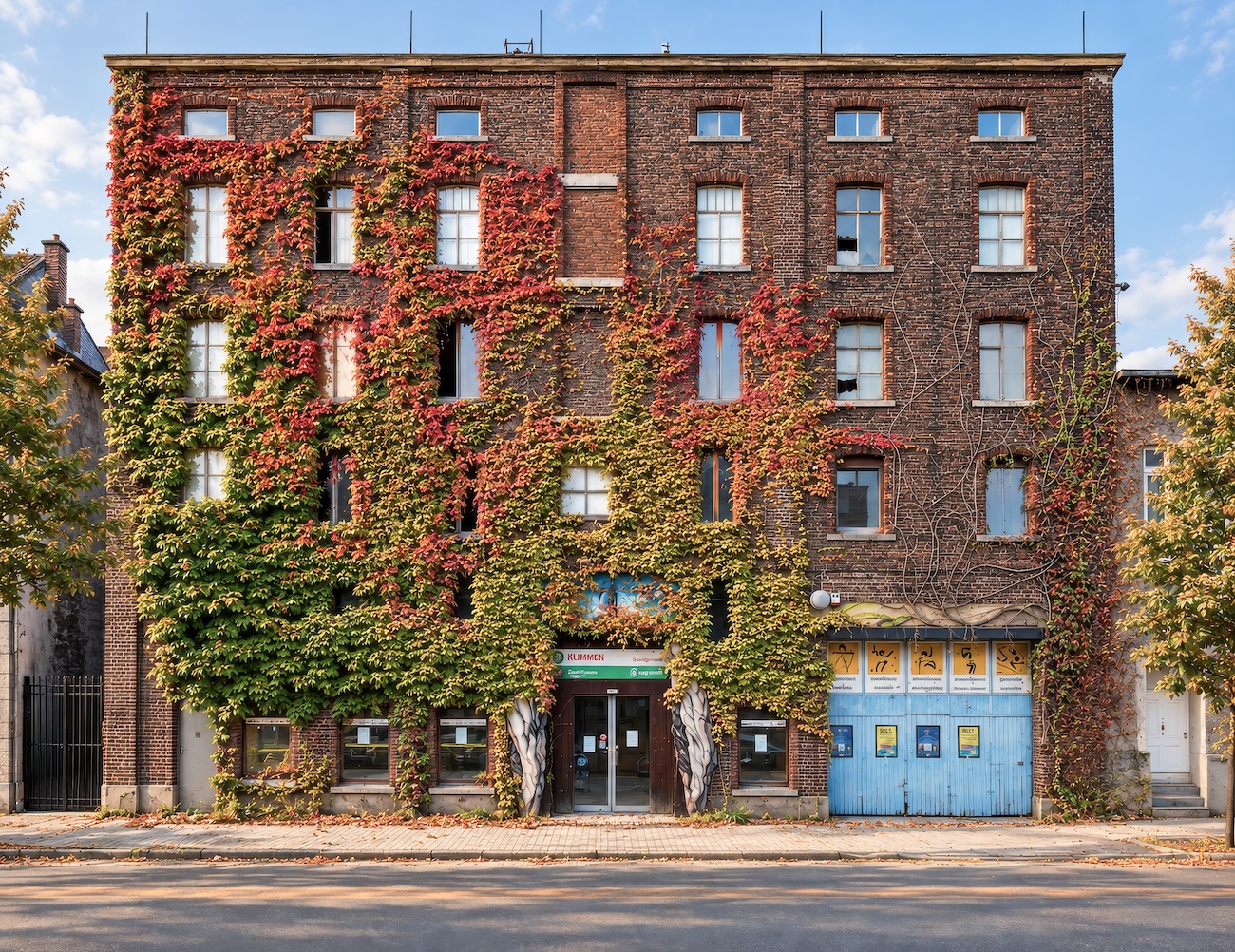 Het gebouw van Blueberry Hill vandaag, begroeid met wilde wingerd